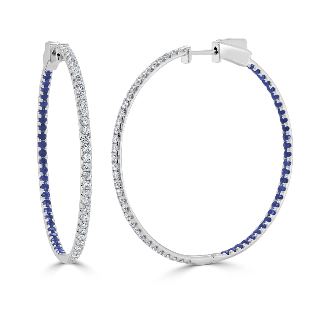 14K Gold Half Diamond & Half Sapphire Hoop Earrings - White