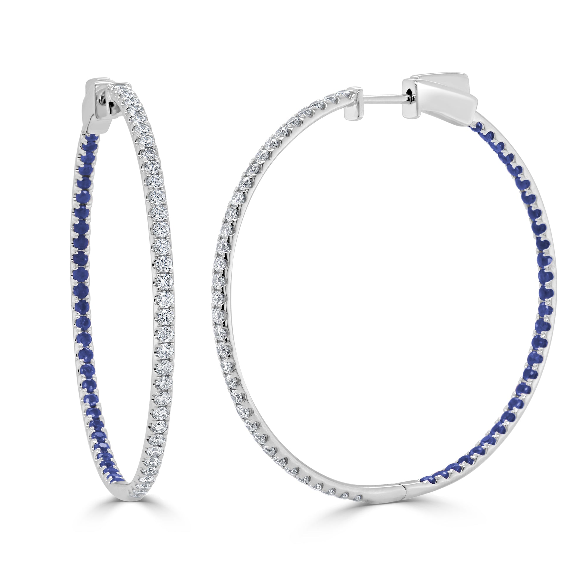 14K Gold Half Diamond & Half Sapphire Hoop Earrings - White