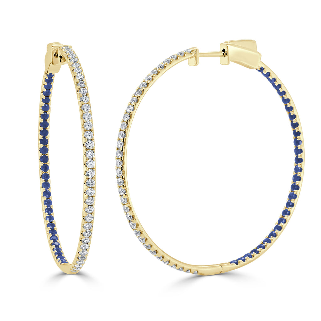 14K Gold Half Diamond & Half Sapphire Hoop Earrings - Yellow