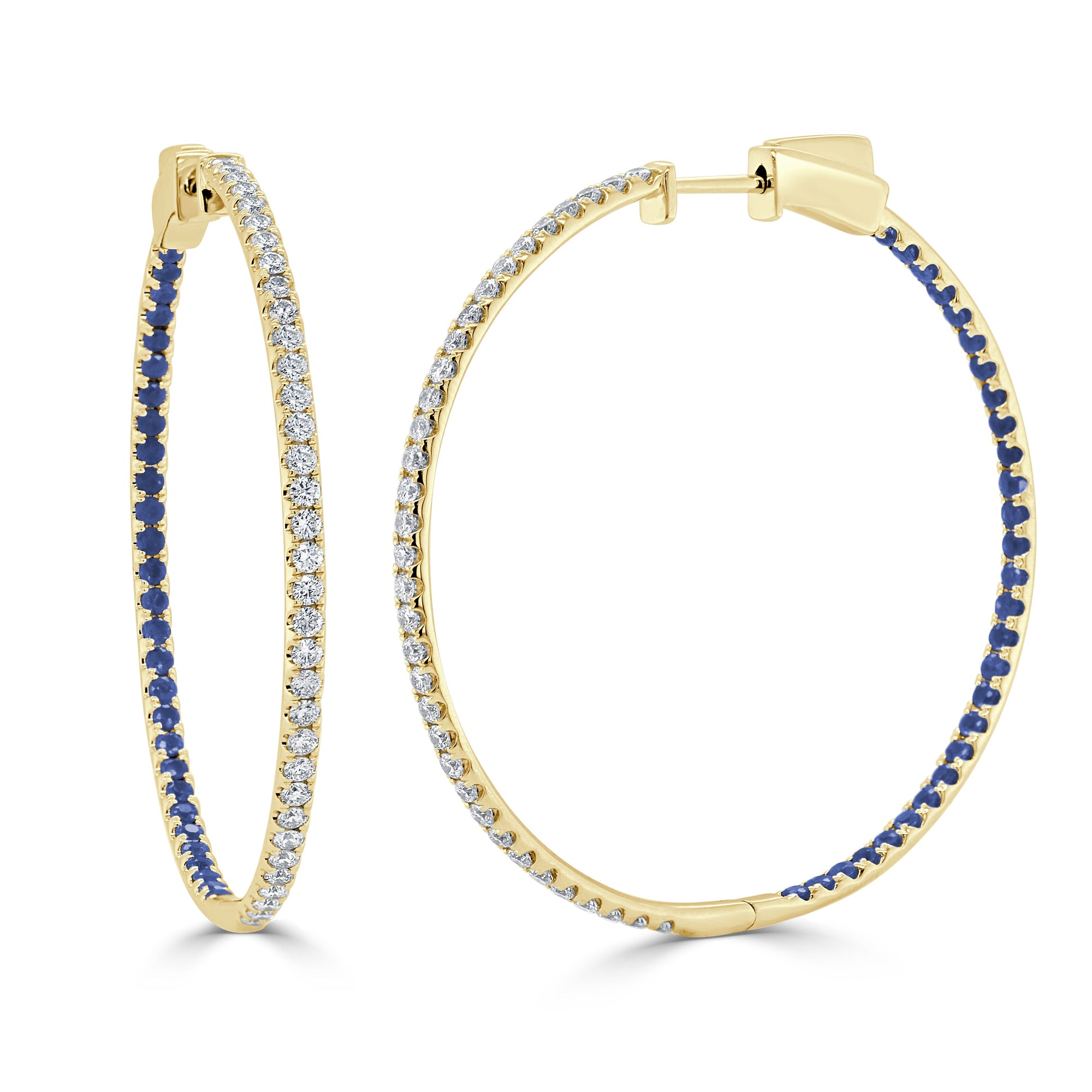 14K Gold Half Diamond & Half Sapphire Hoop Earrings - Yellow