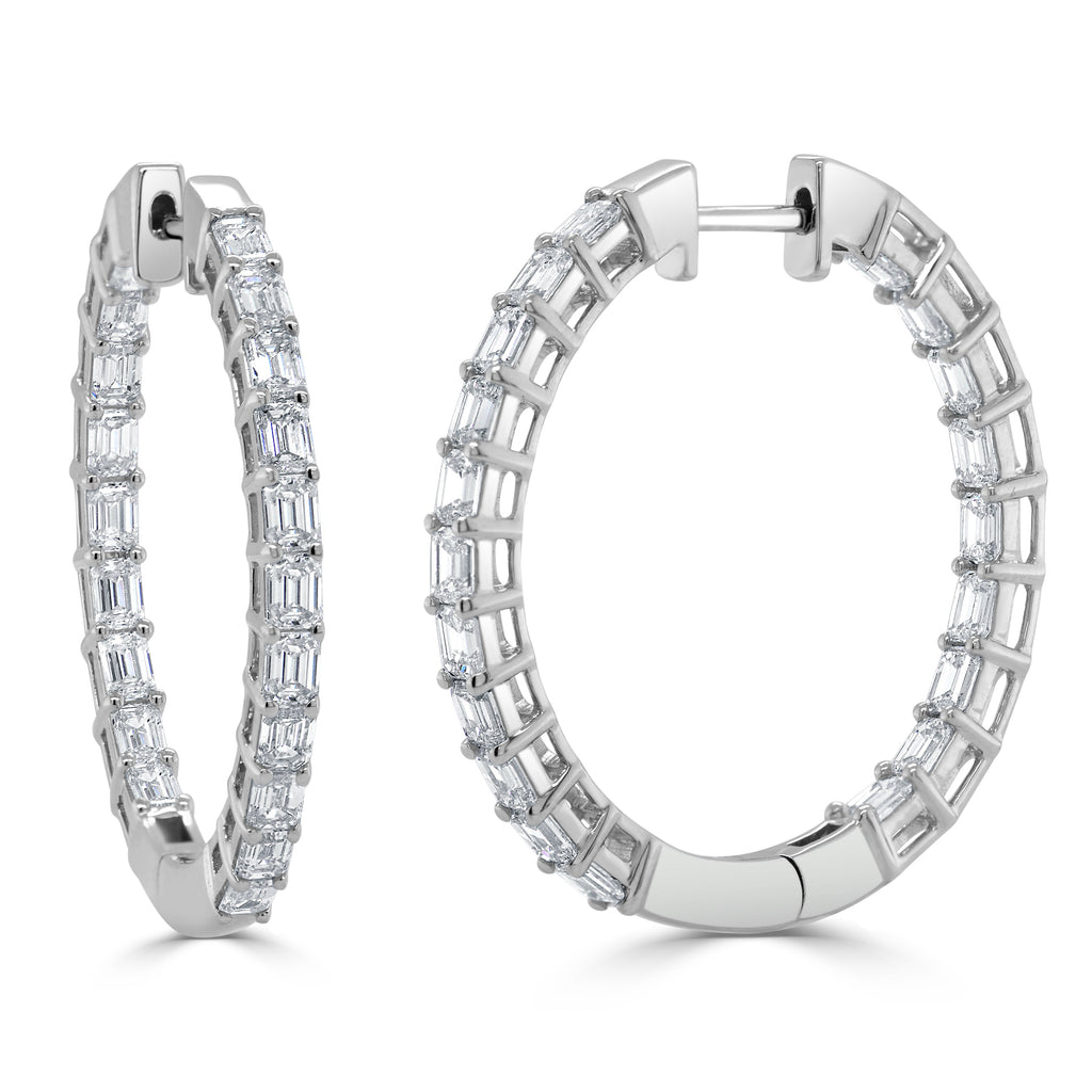 14K Gold Emerald-Cut Diamond Inside-Out Hoop Earrings - White