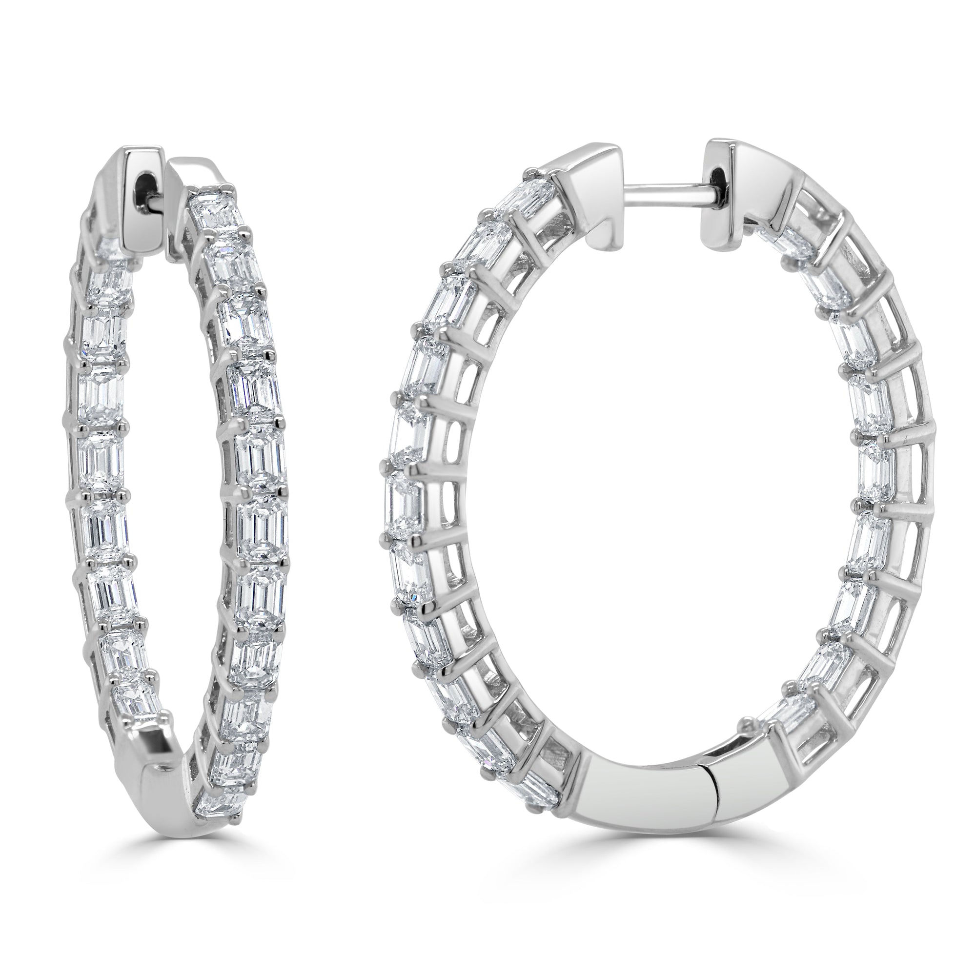 14K Gold Emerald-Cut Diamond Inside-Out Hoop Earrings - White