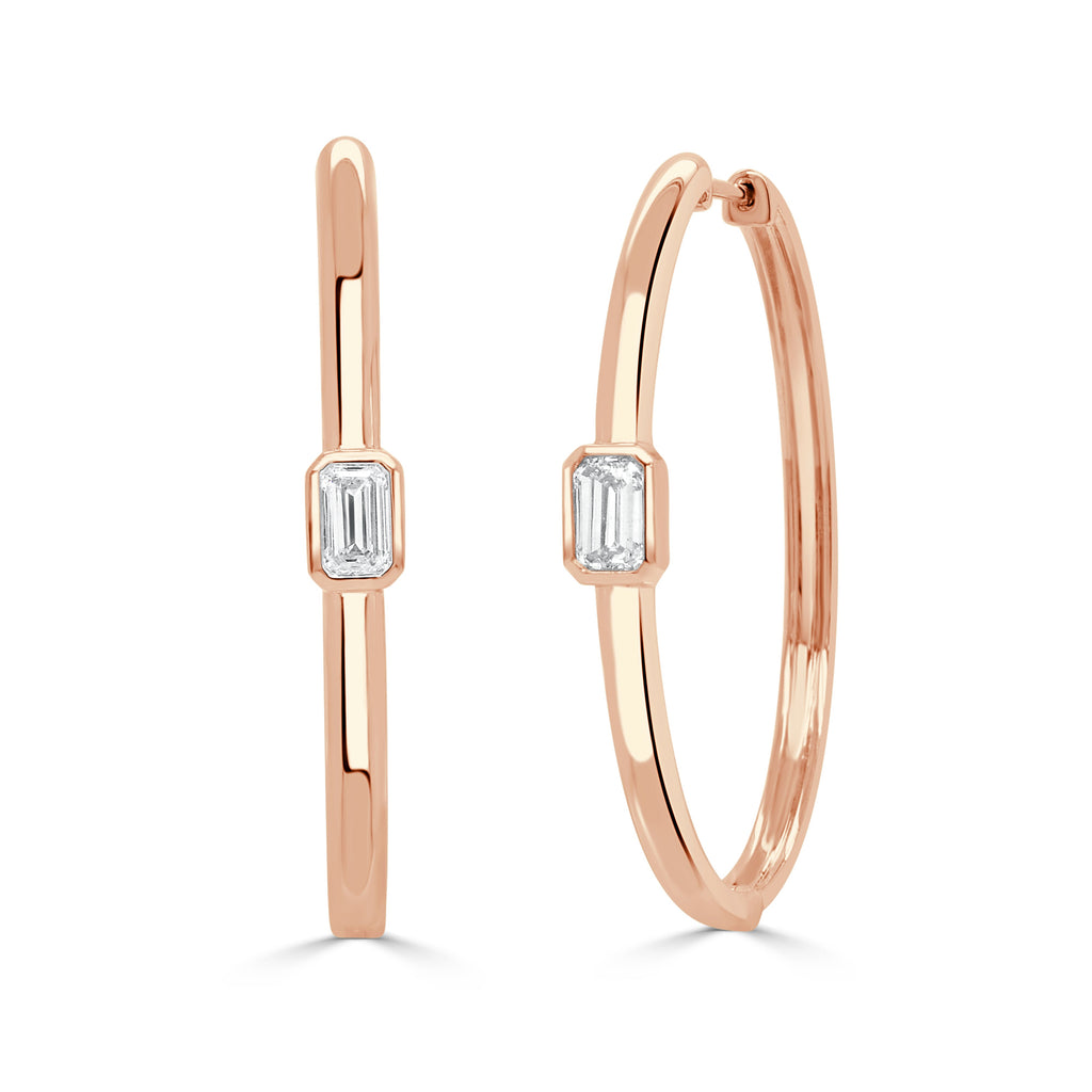 14K Gold Emerald-Cut Diamond Hoop Earrings - Rose