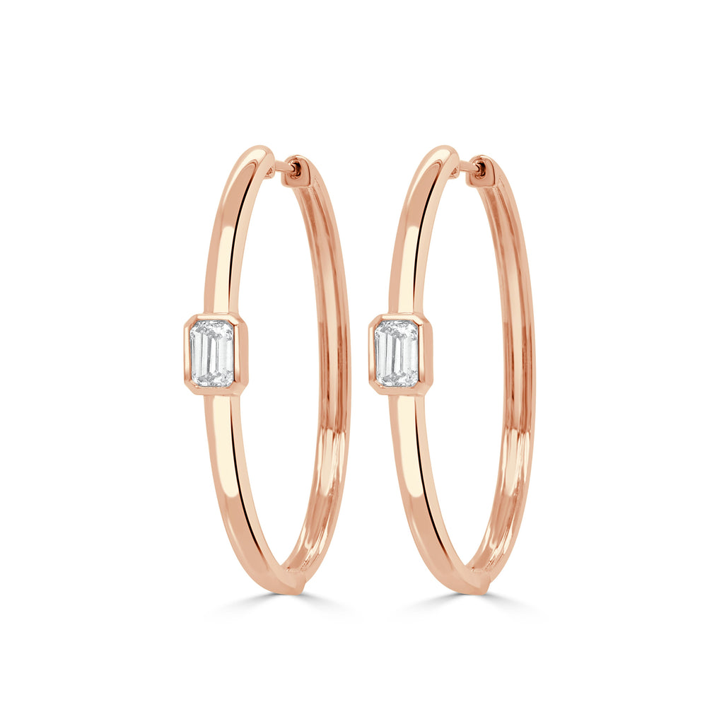 14K Gold Emerald-Cut Diamond Hoop Earrings - Rose
