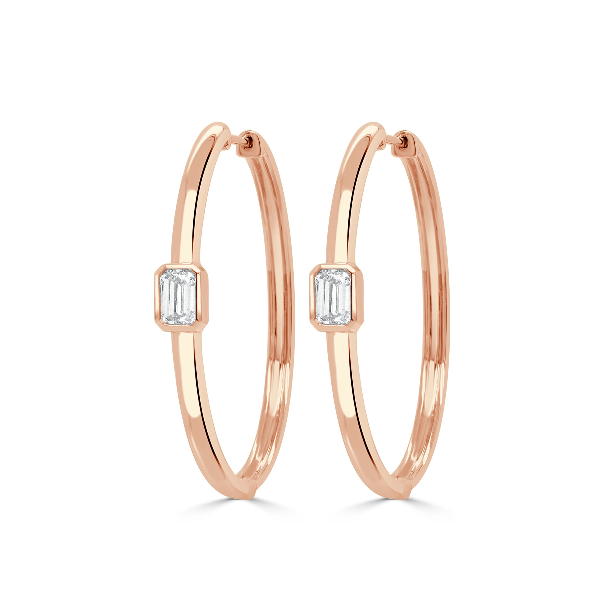14K Gold Emerald-Cut Diamond Hoop Earrings - Rose