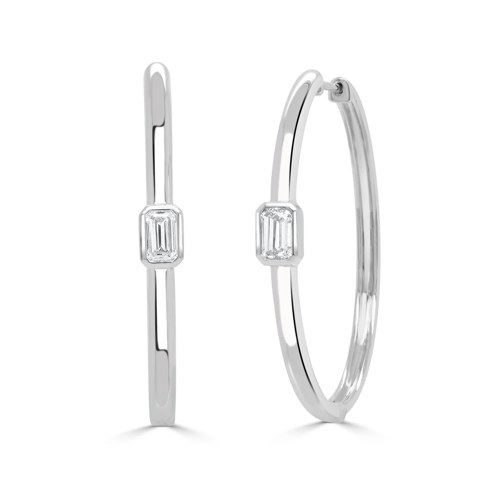 14K Gold Emerald-Cut Diamond Hoop Earrings - White