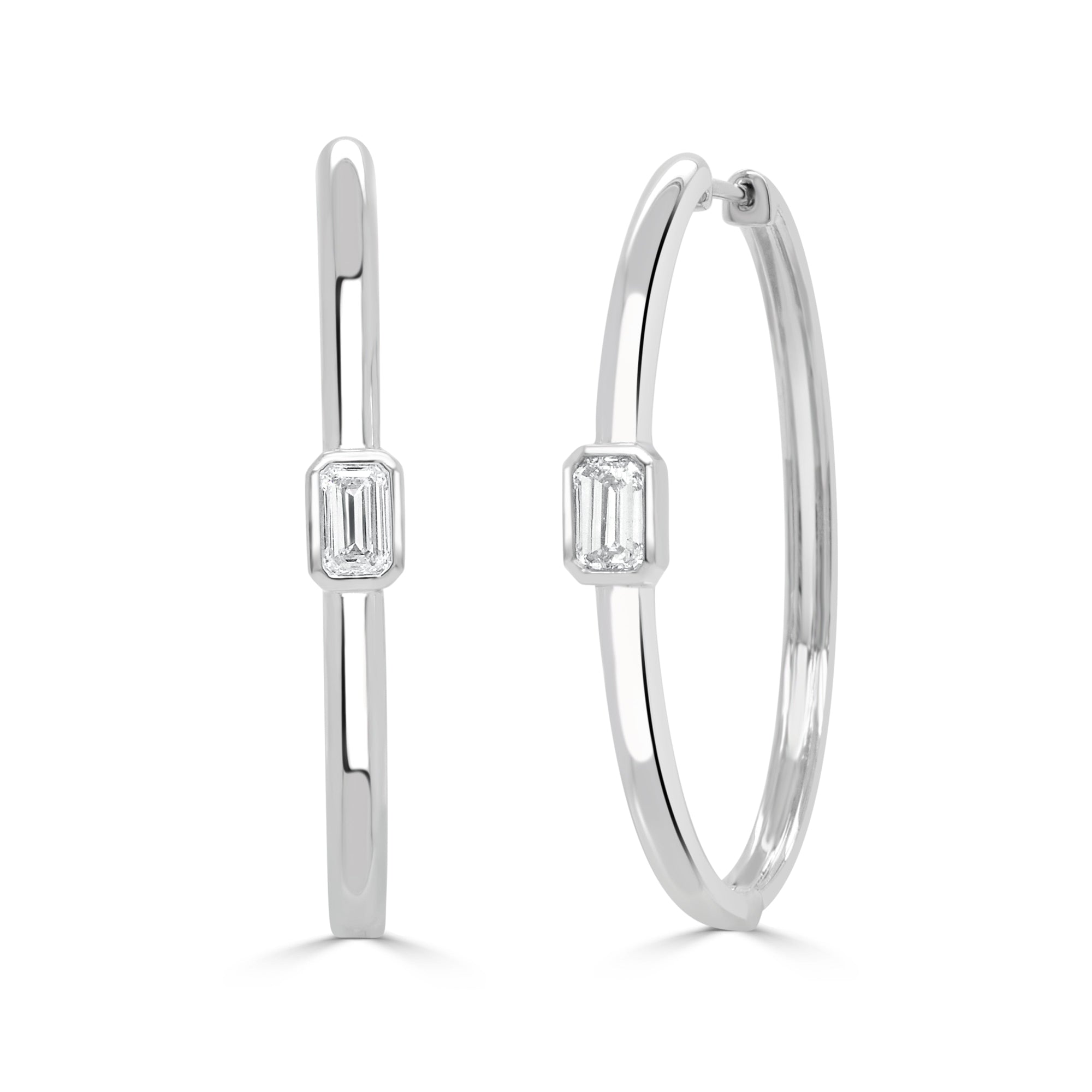 14K Gold Emerald-Cut Diamond Hoop Earrings - White