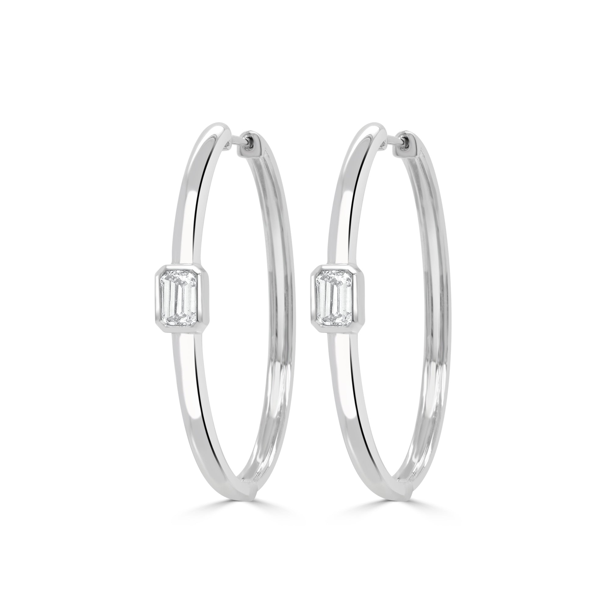 14K Gold Emerald-Cut Diamond Hoop Earrings - White