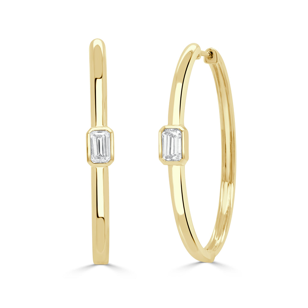14K Gold Emerald-Cut Diamond Hoop Earrings - Yellow