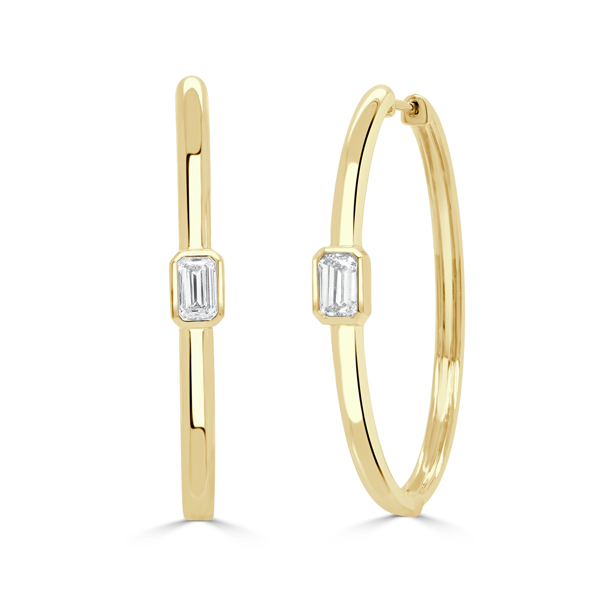 14K Gold Emerald-Cut Diamond Hoop Earrings - Yellow