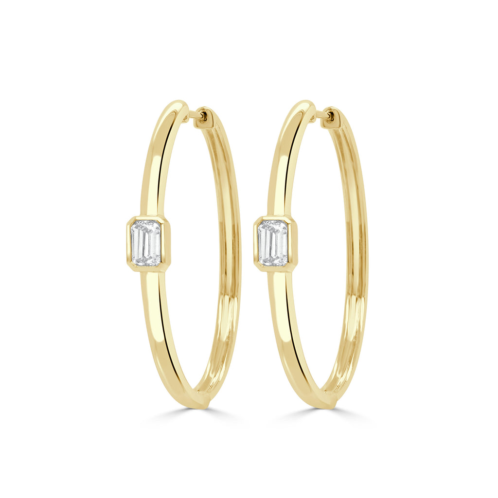 14K Gold Emerald-Cut Diamond Hoop Earrings - Yellow