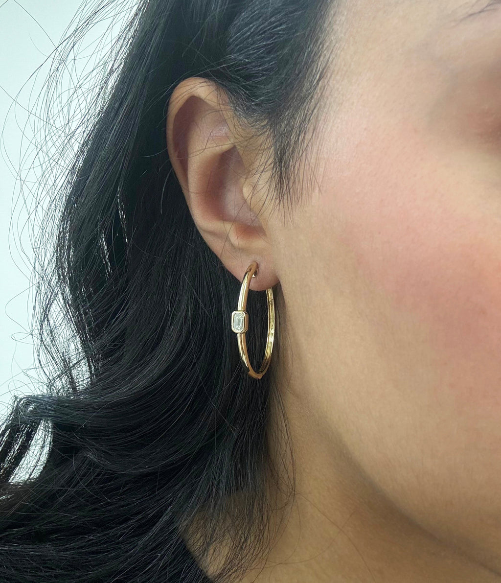 14K Gold Emerald-Cut Diamond Hoop Earrings