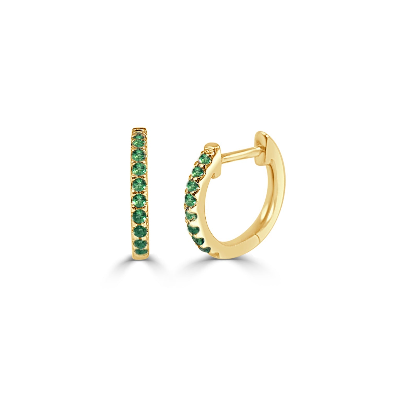 14K Gold Emerald Huggie Earrings - Yellow