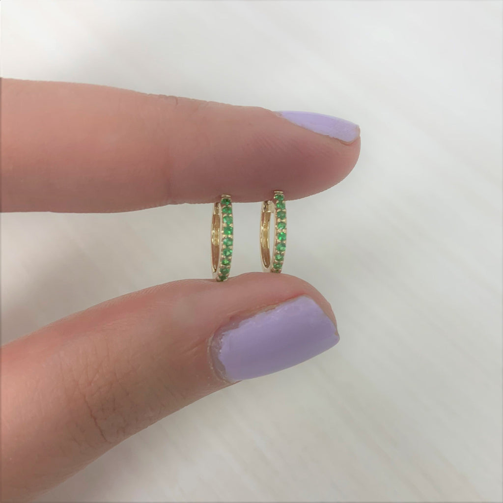 14K Gold Emerald Huggie Earrings