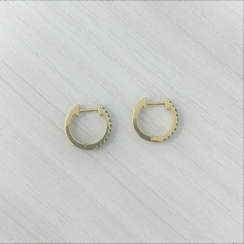 14K Gold Emerald Huggie Earrings - Yellow