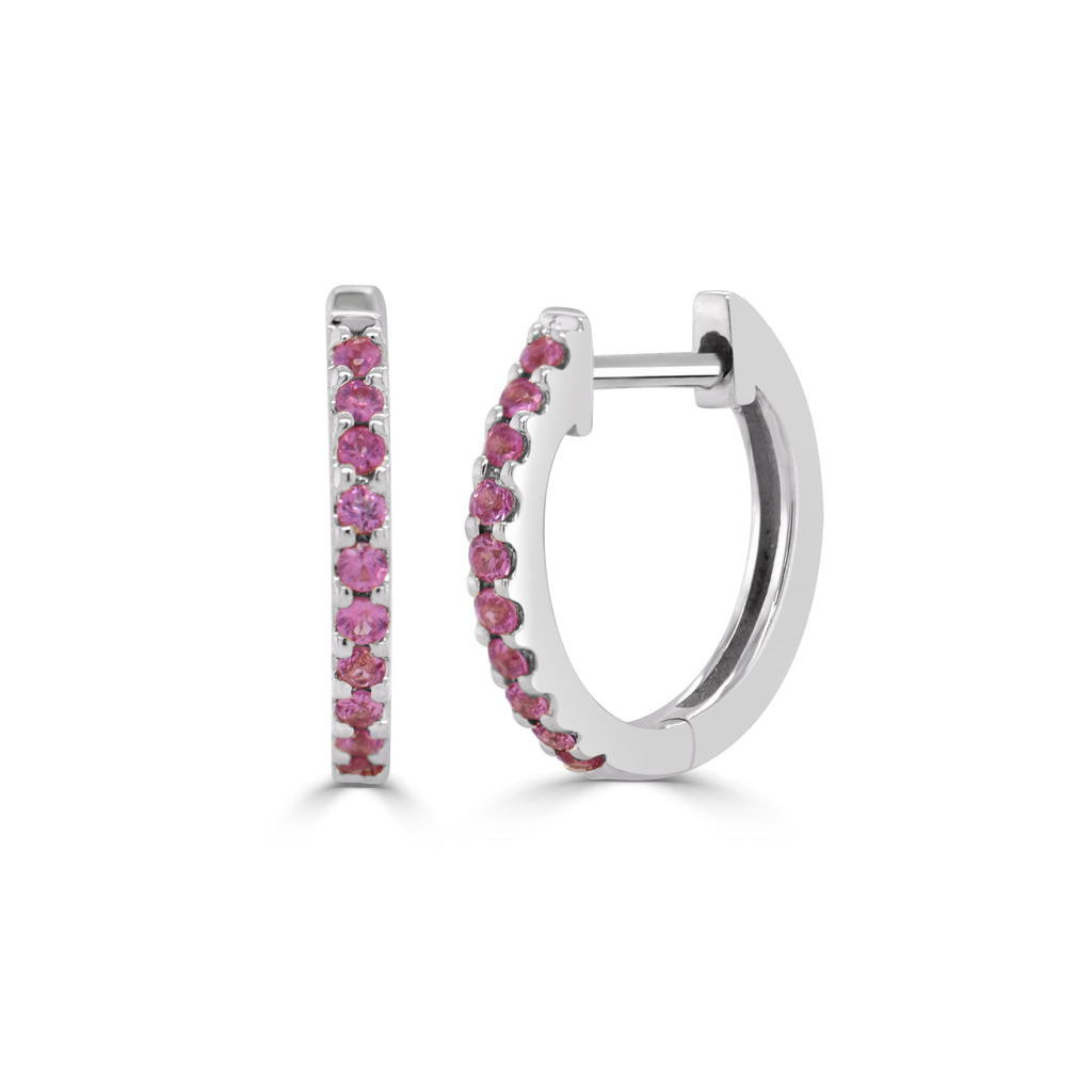 14K Gold Pink Sapphire Huggie Earrings-White