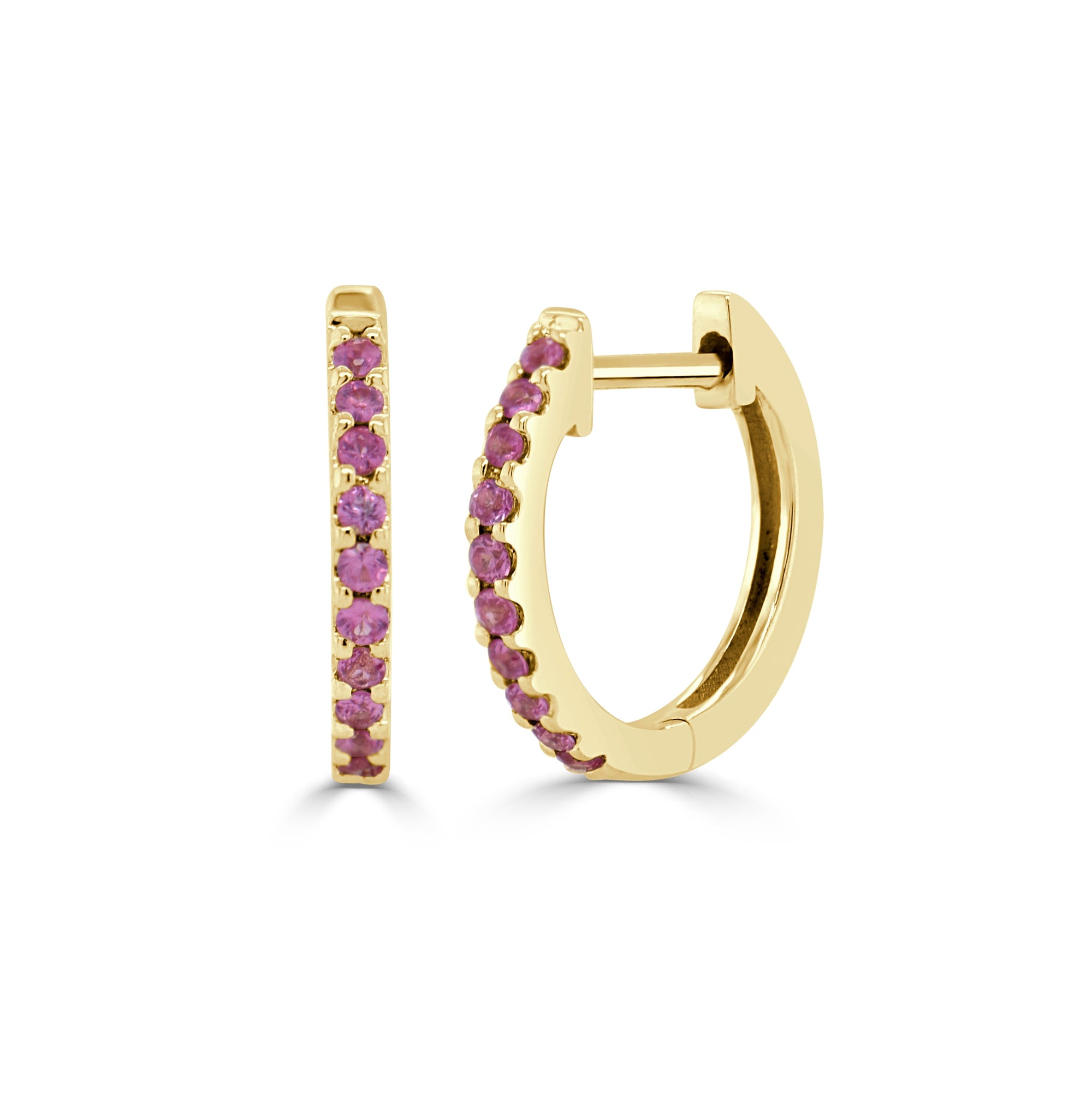 14K Gold Pink Sapphire Huggie Earrings-Yellow