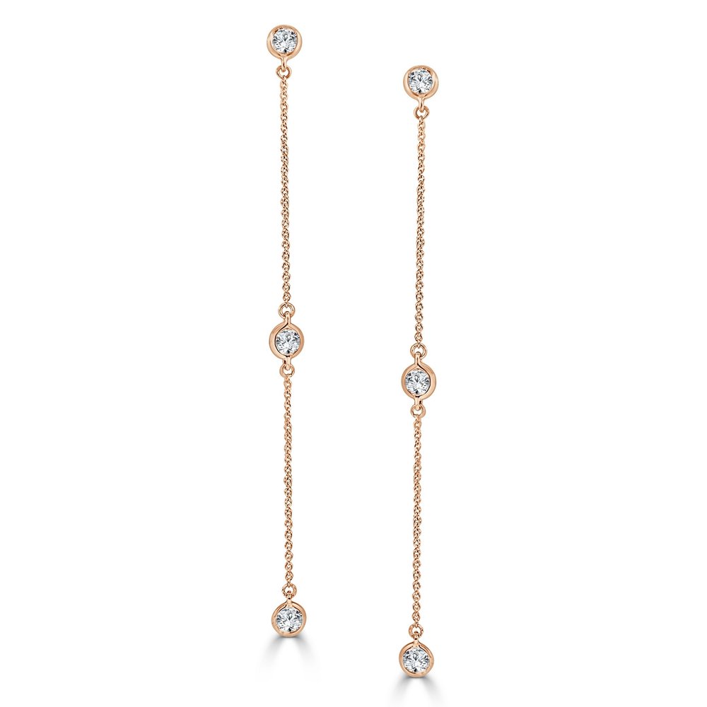 14K Gold Diamond Dangle Earrings - Rose