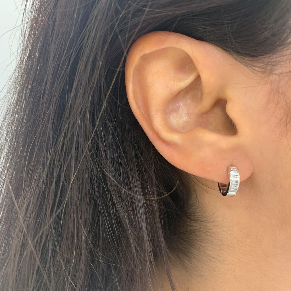 14K Gold Baguette Diamond Huggie Earrings