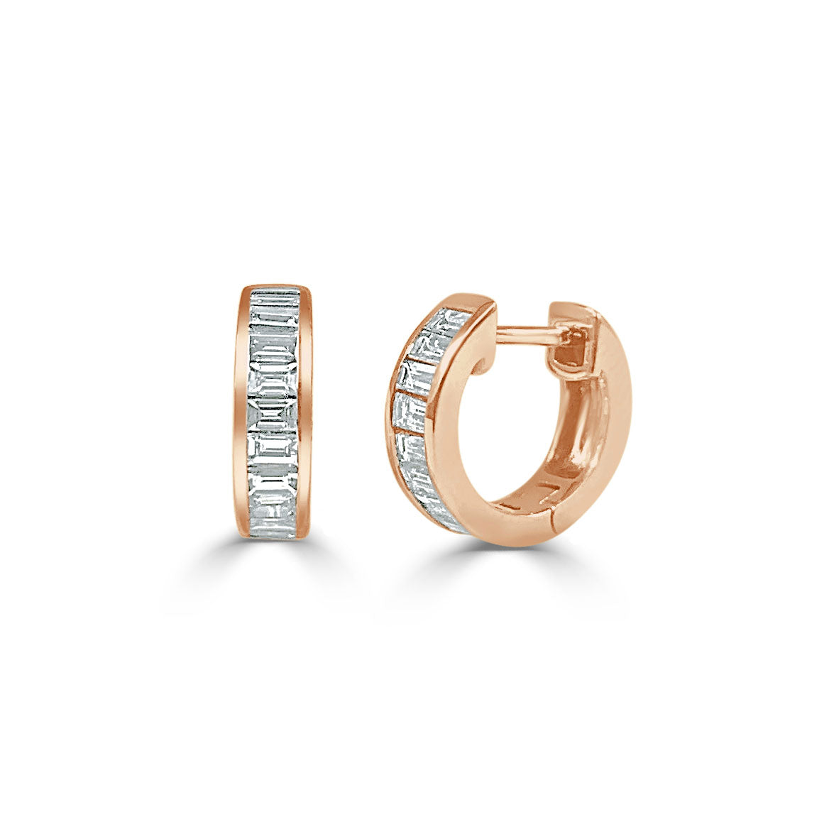 14K Gold Baguette Diamond Huggie Earrings - Rose