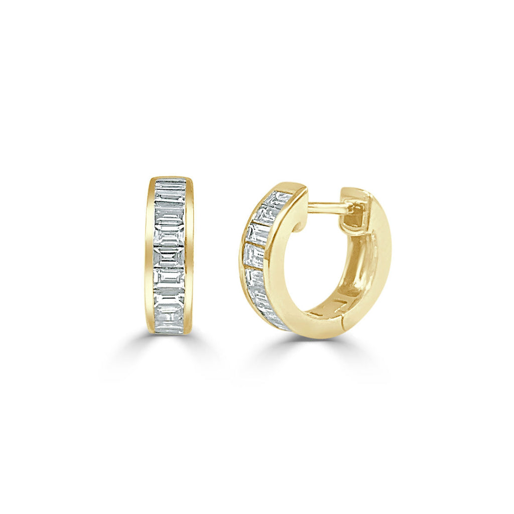 14K Gold Baguette Diamond Huggie Earrings - Yellow