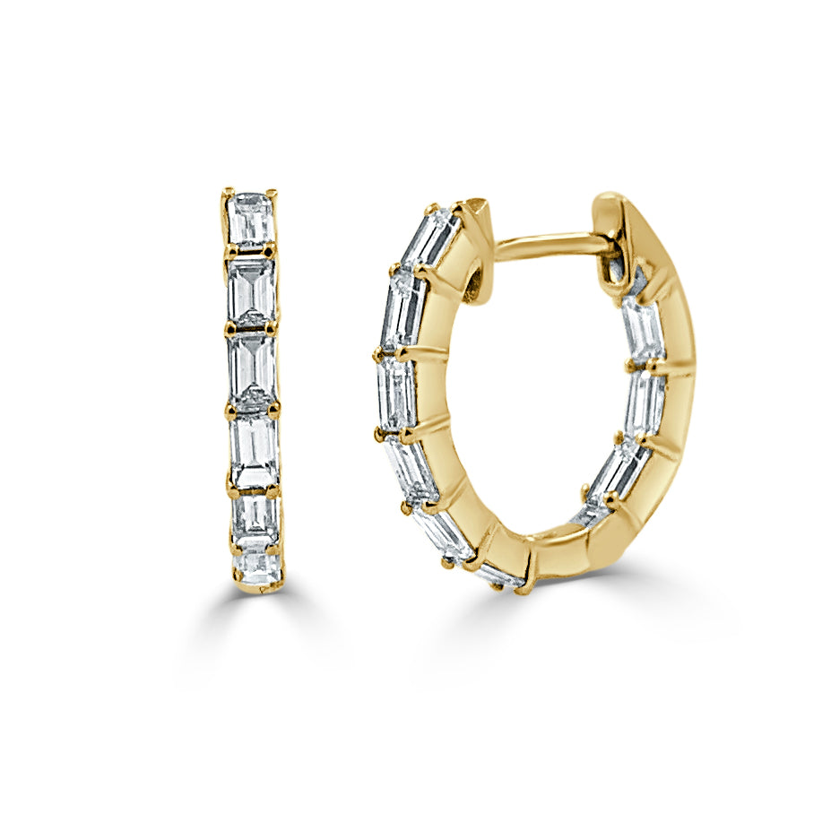 14K Gold Diamond Baguette Huggie Earrings-Yellow