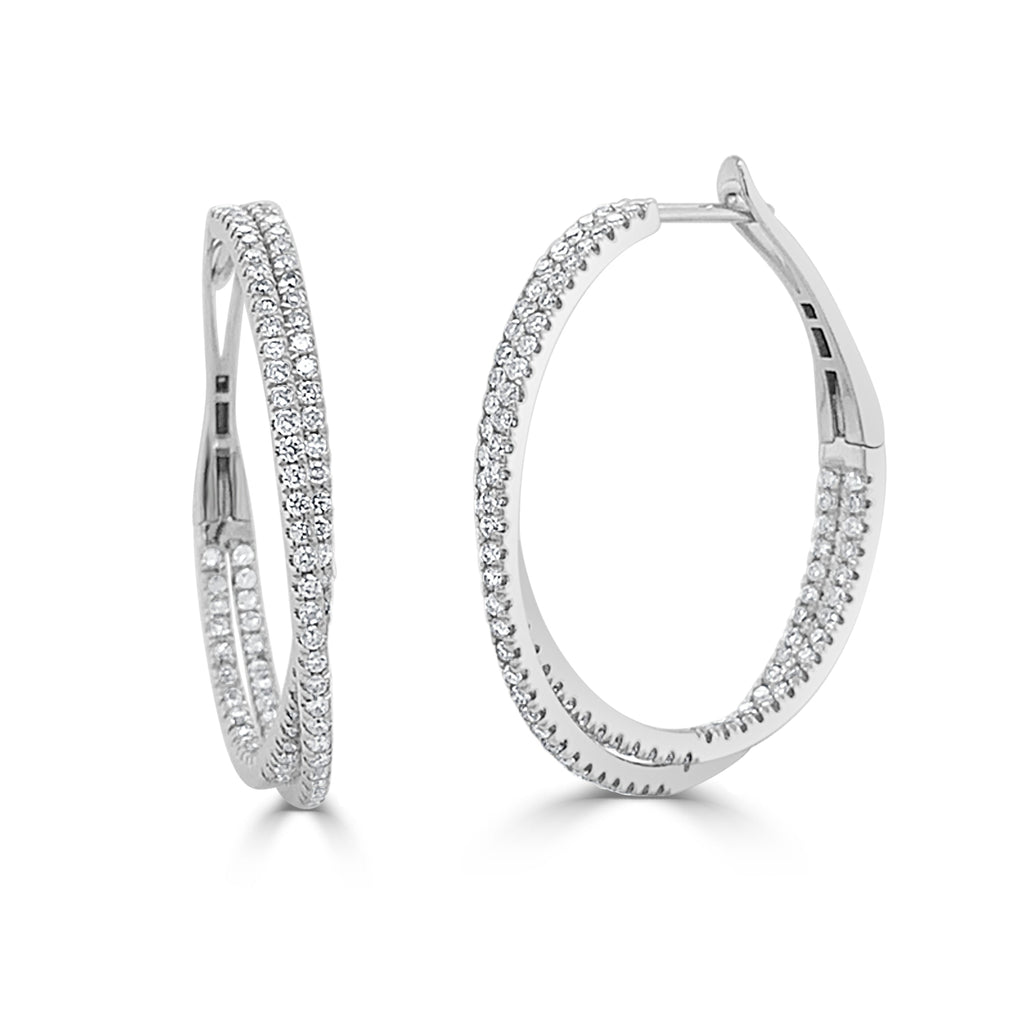 14K Gold Diamond Criss-Cross Inside-Out Hoop Earrings - White