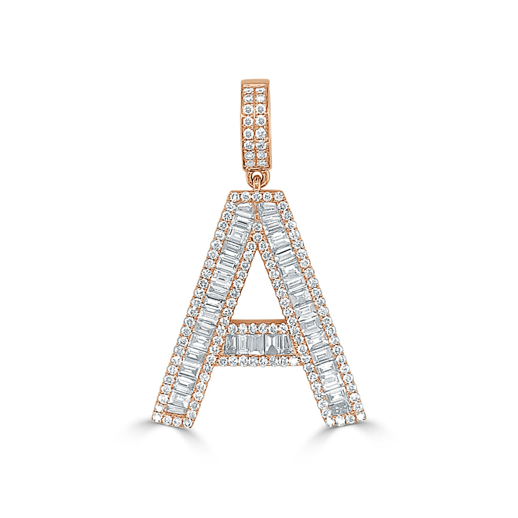 14K Gold & Baguette Diamond Large Initial Pendant - Rose