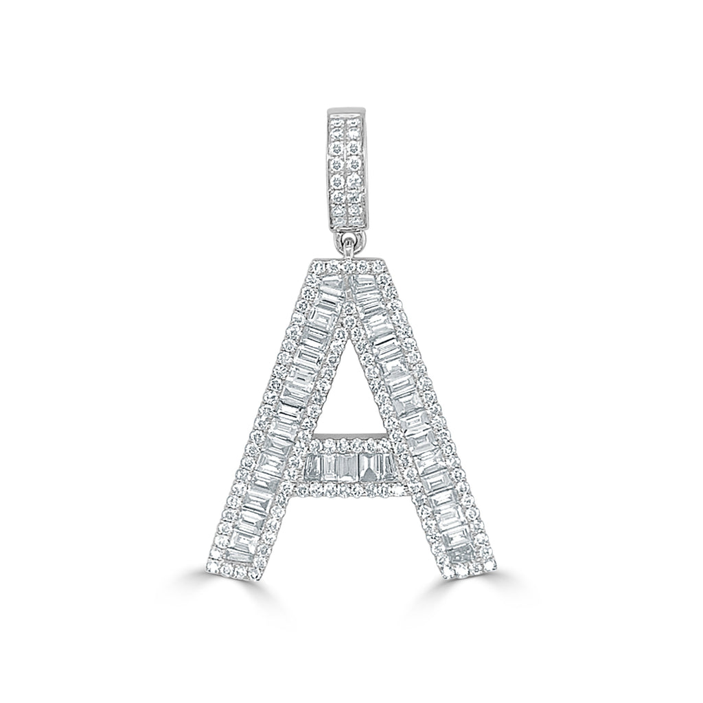 14K Gold & Baguette Diamond Large Initial Pendant - White