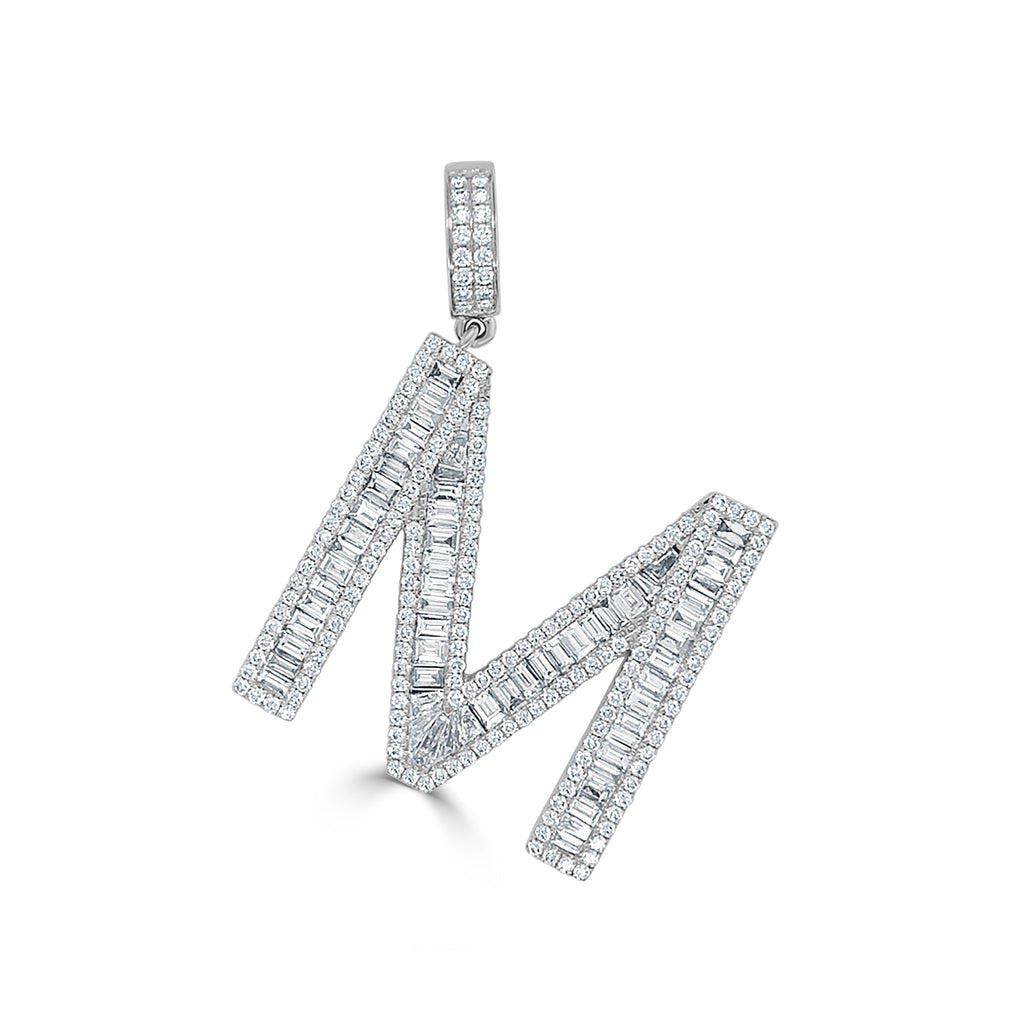 14K Gold & Baguette Diamond Large Initial Pendant - White