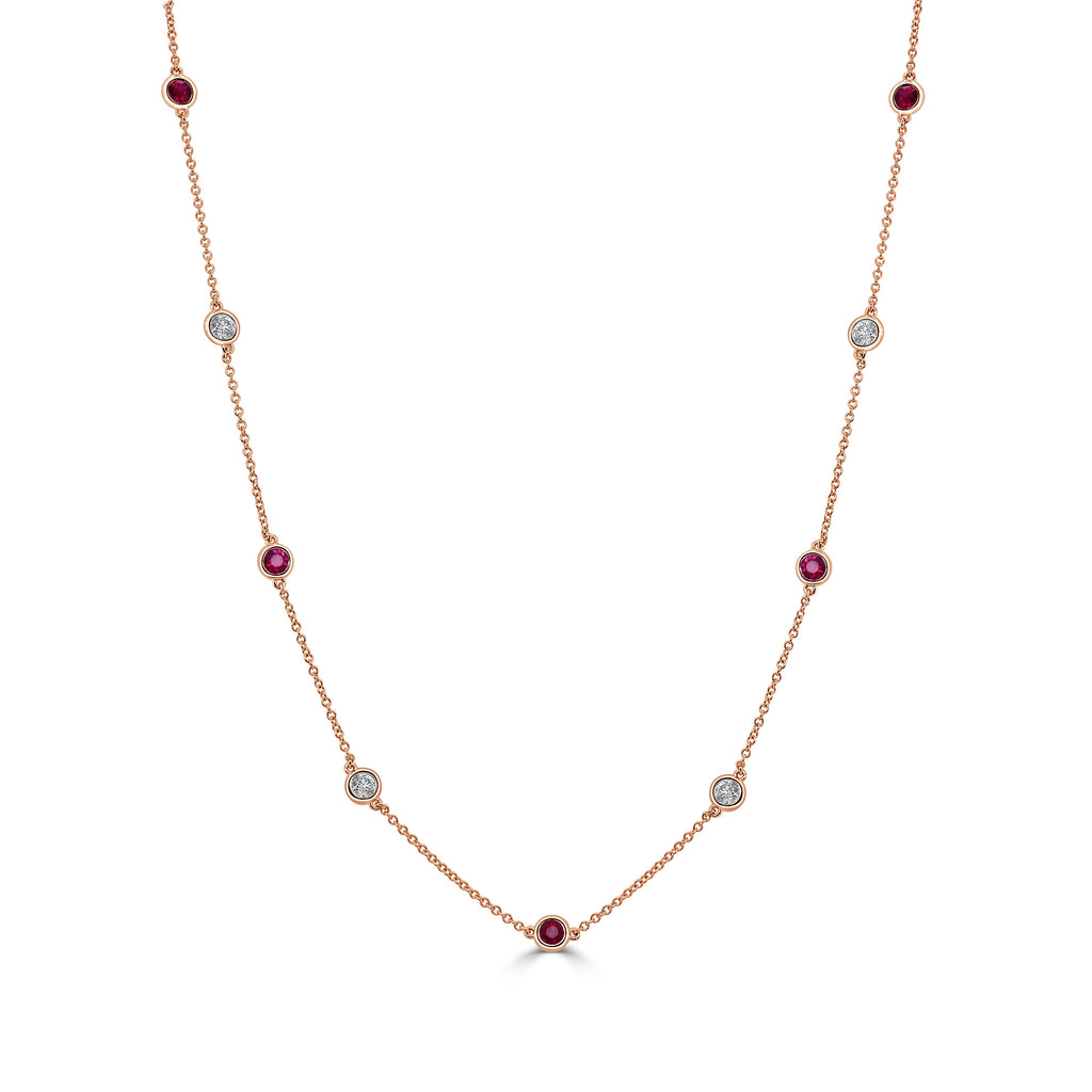 14K Gold Diamond & Gemstone Station Necklace - Rose