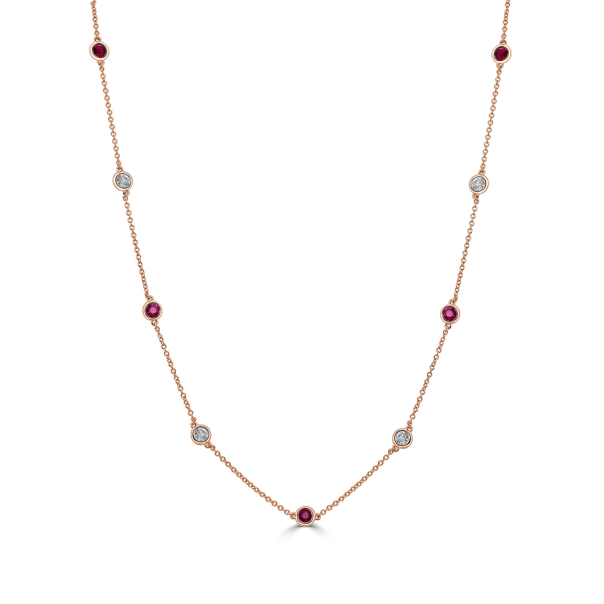 14K Gold Diamond & Gemstone Station Necklace - Rose