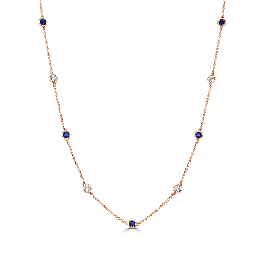 14K Gold Diamond & Gemstone Station Necklace - Rose