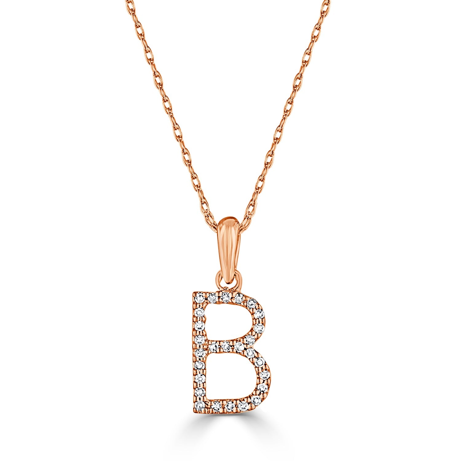 14K Gold Diamond Initial Pendant Necklace with Rope Chain - B