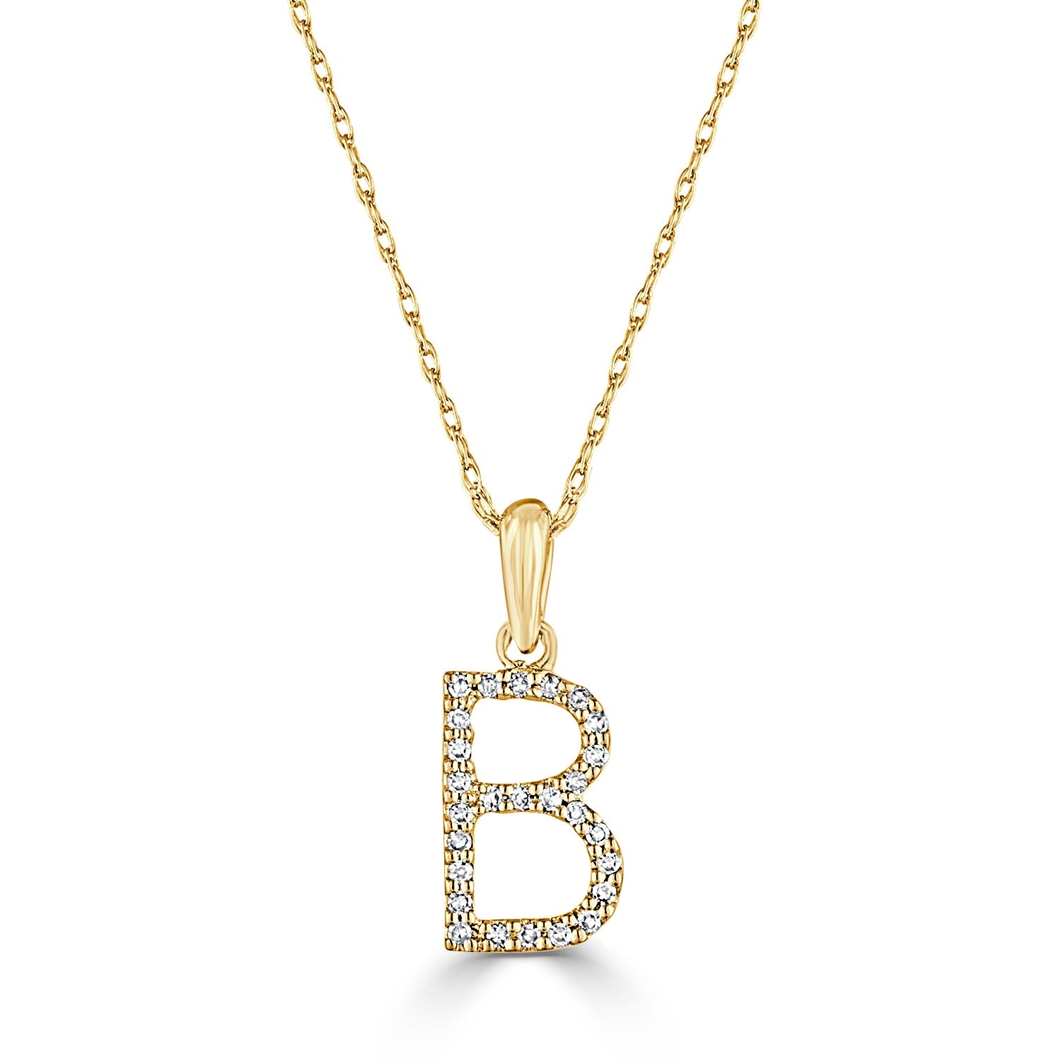 14K Gold Diamond Initial Pendant Necklace with Rope Chain - B