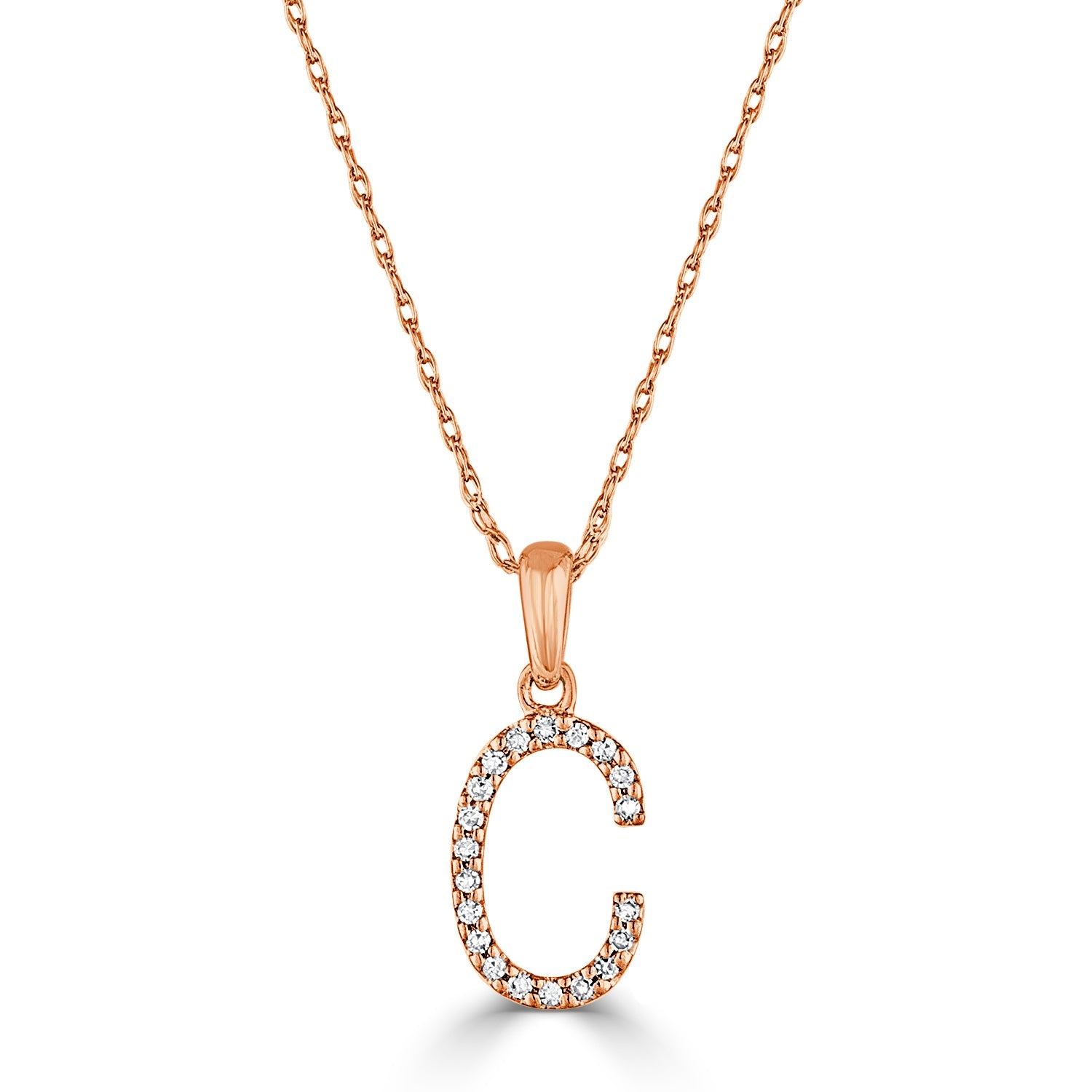 14K Gold Diamond Initial Pendant Necklace with Rope Chain - C