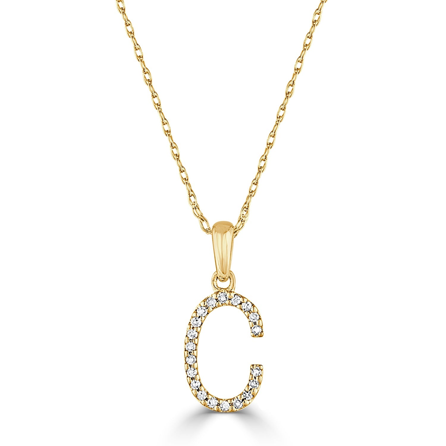 14K Gold Diamond Initial Pendant Necklace with Rope Chain - C