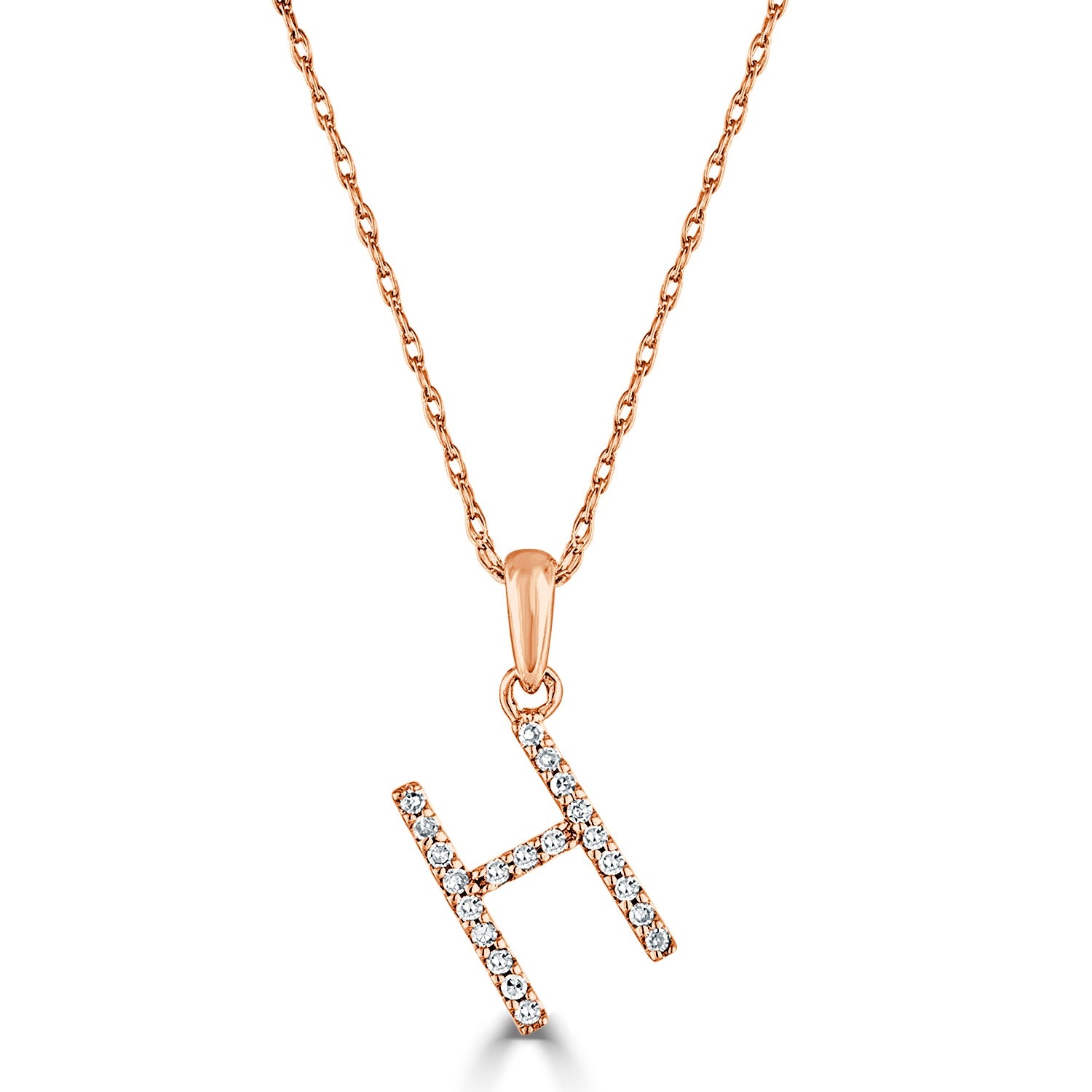 14K Gold Diamond Initial Pendant Necklace with Rope Chain - H