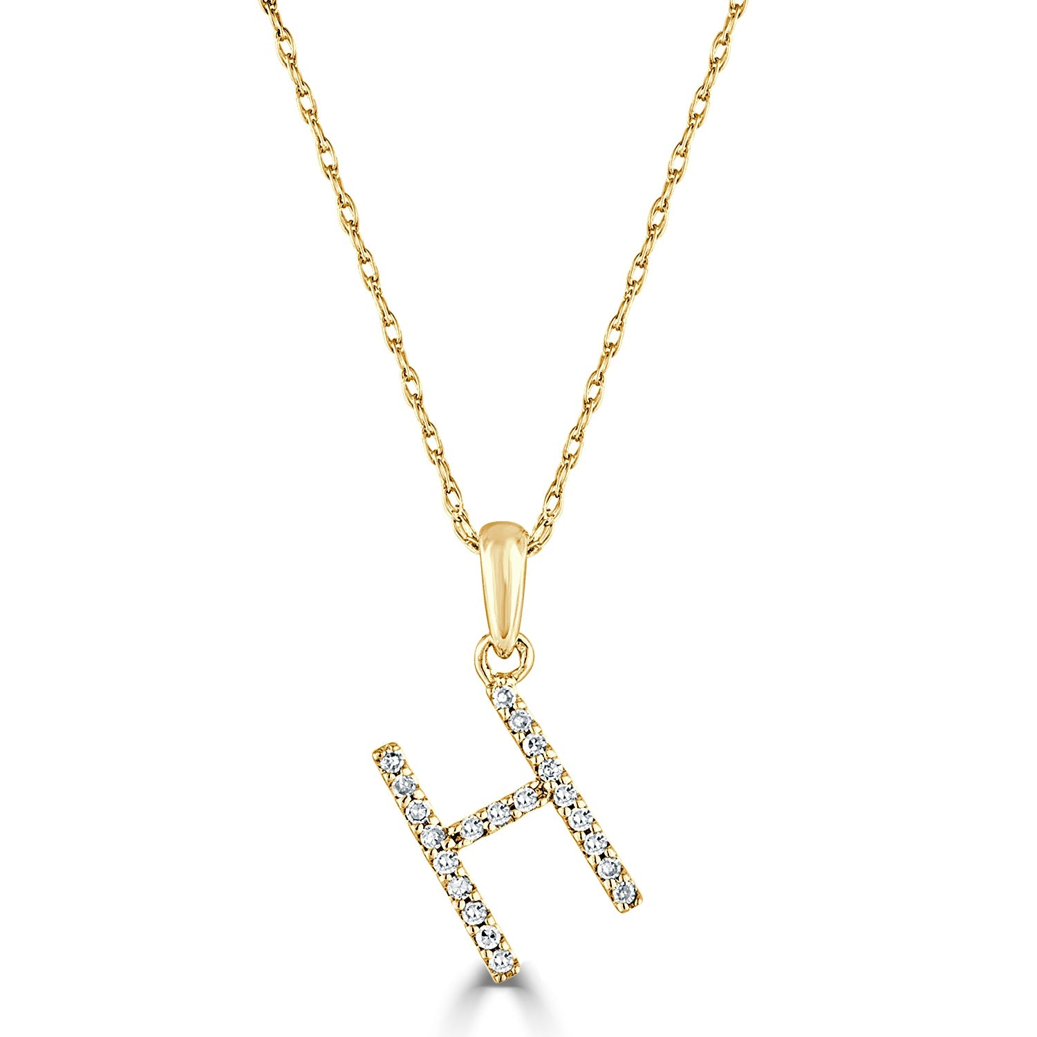14K Gold Diamond Initial Pendant Necklace with Rope Chain - H