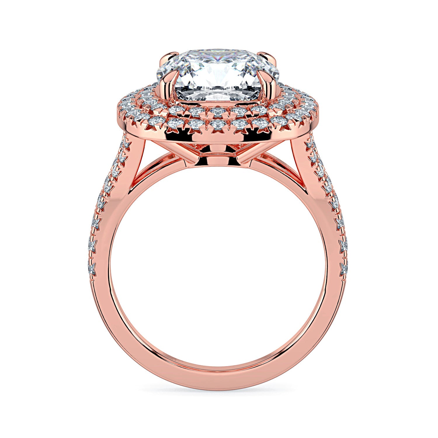 Cushion Cut Double Halo Pavé Diamond Engagement Ring, 18K