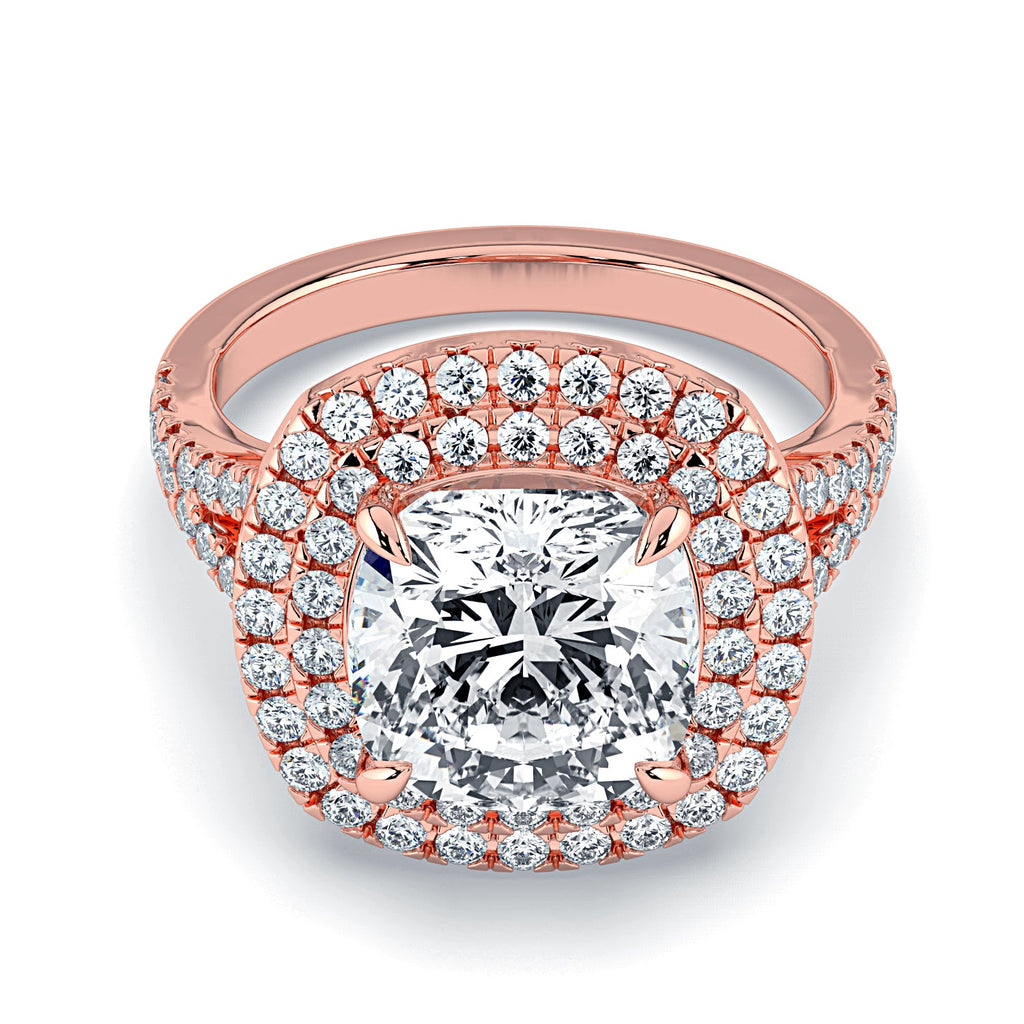 Cushion Cut Double Halo Pavé Diamond Engagement Ring, 18K