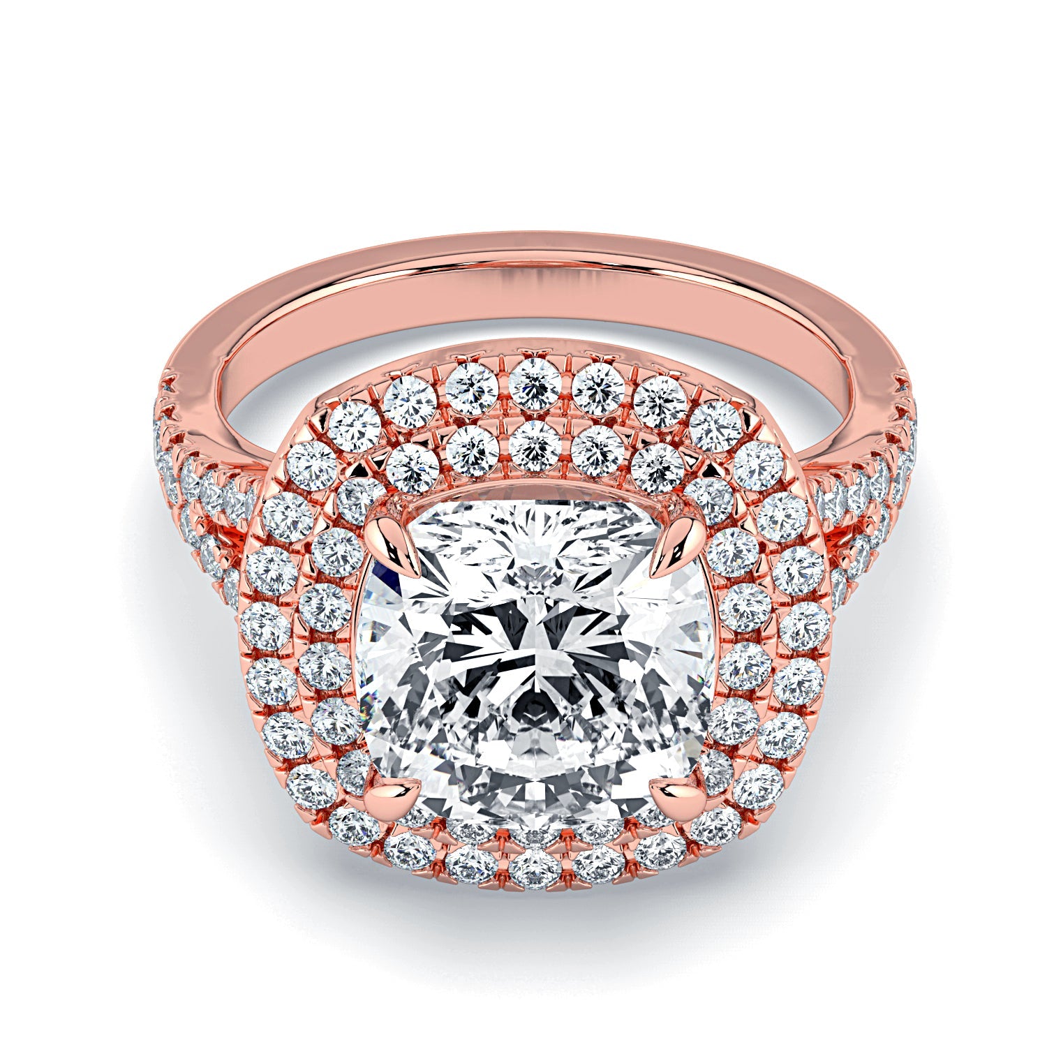 Cushion Cut Double Halo Pavé Diamond Engagement Ring, 18K