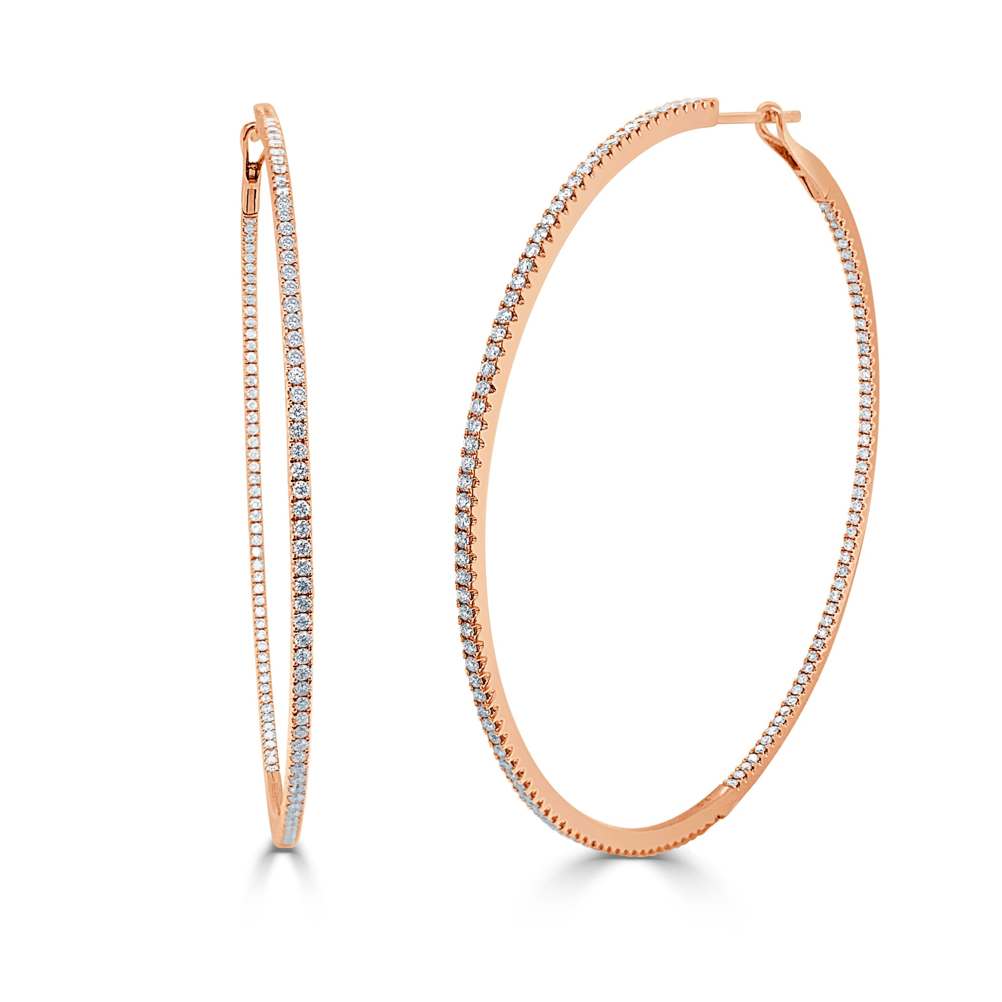 14K Gold Thin Diamond Hoop Earrings - Rose