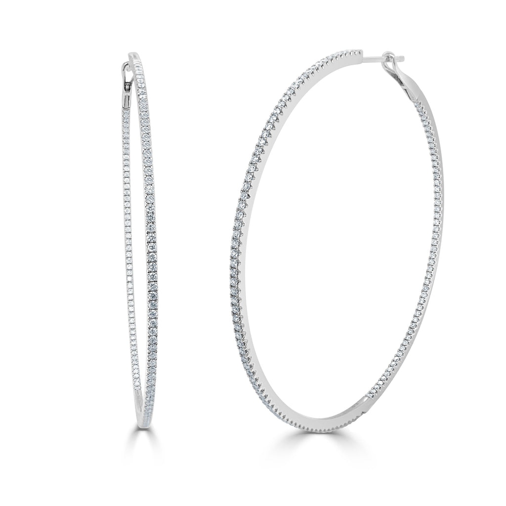 14K Gold Thin Diamond Hoop Earrings - White