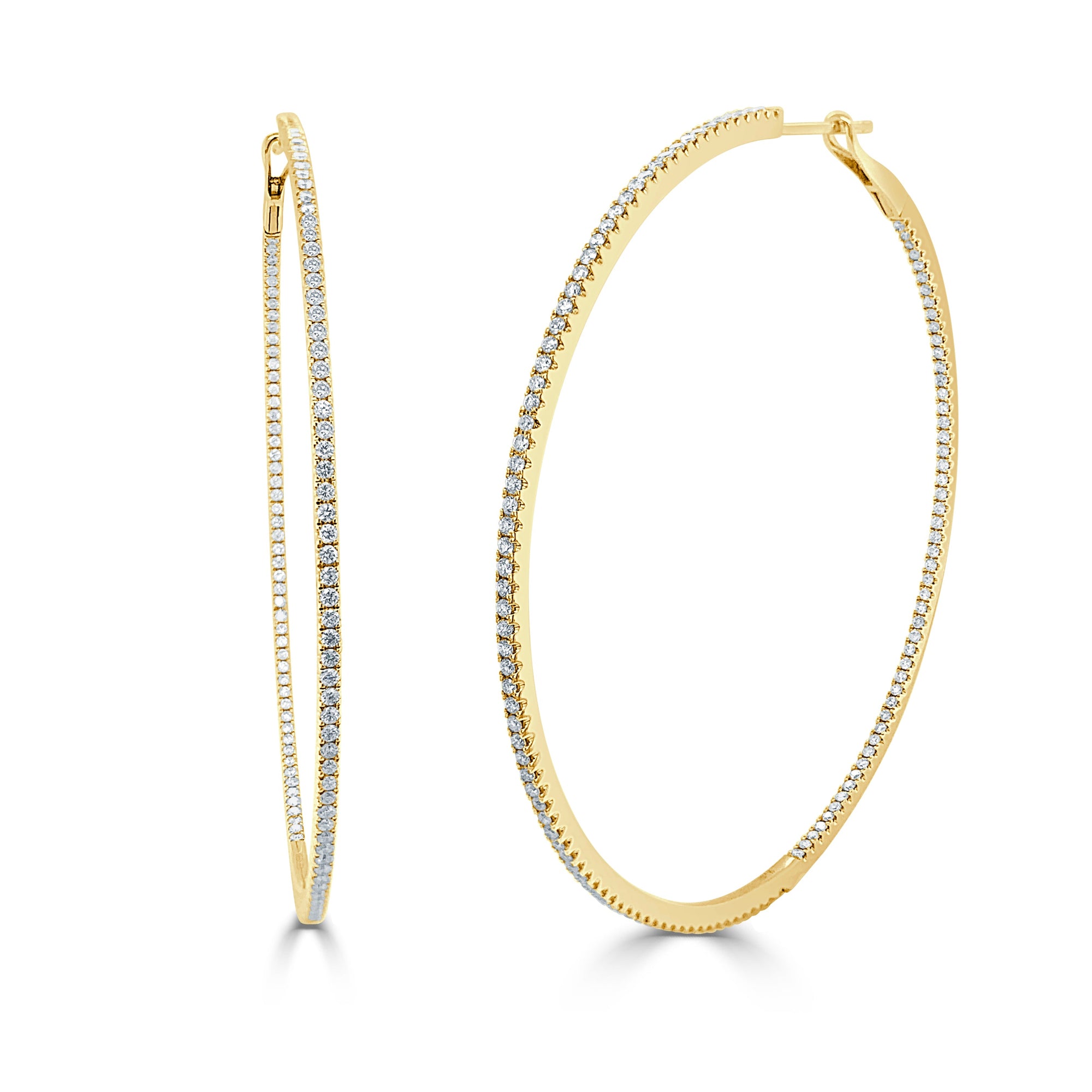 14K Gold Thin Diamond Hoop Earrings - Yellow