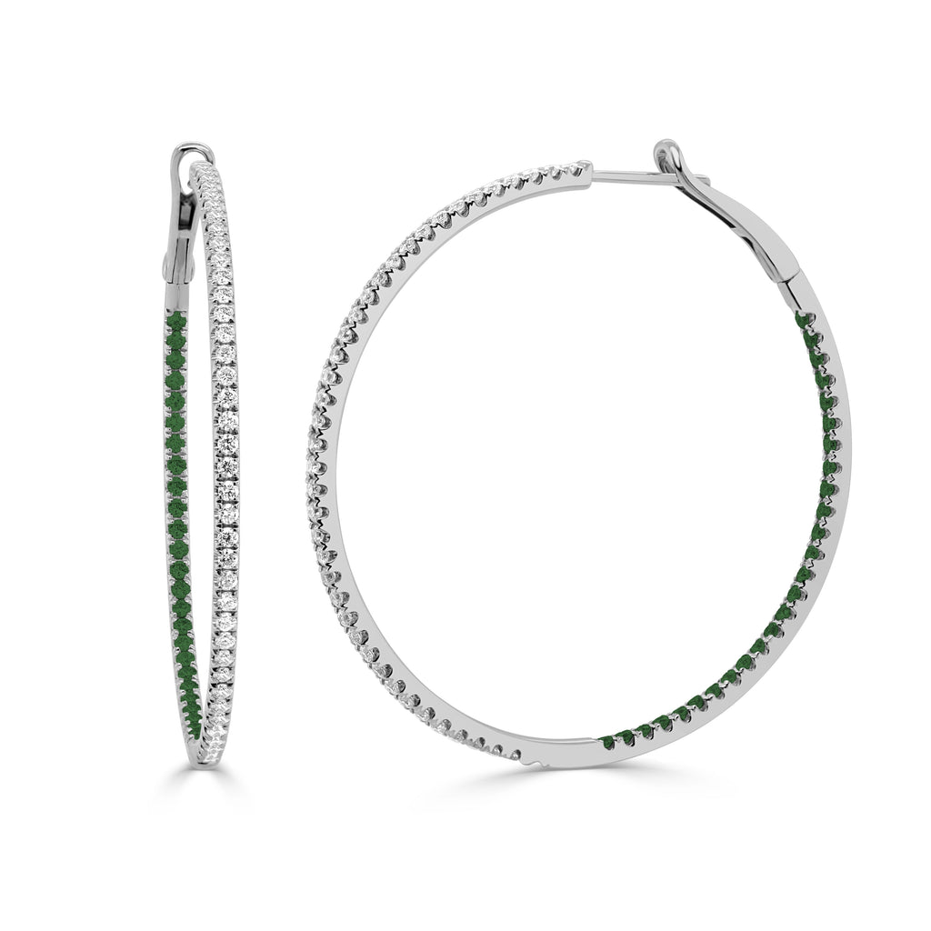 14K Gold Diamond & Emerald Inside-Out Hoop Earrings - White