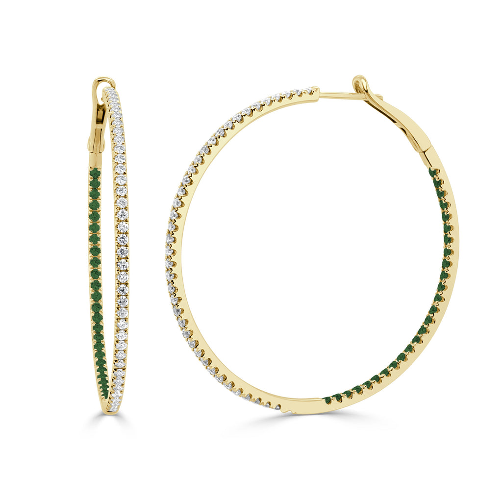 14K Gold Diamond & Emerald Inside-Out Hoop Earrings - Yellow