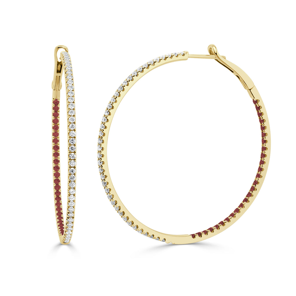 14K Gold Diamond & Ruby Inside-Out Hoop Earrings - Yellow