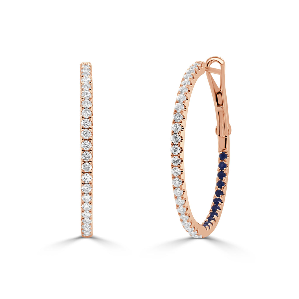 14K Gold Diamond & Sapphire Hoop Earrings - Rose