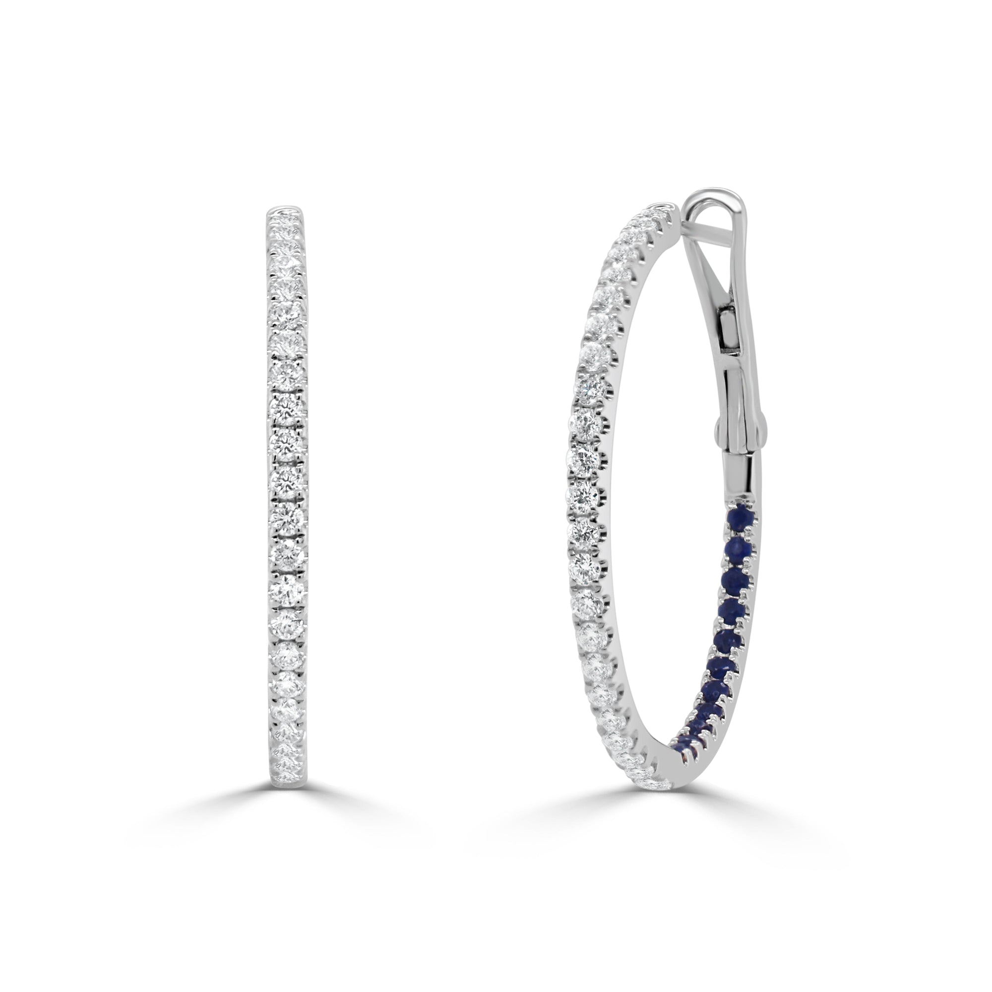 14K Gold Diamond & Sapphire Hoop Earrings - White